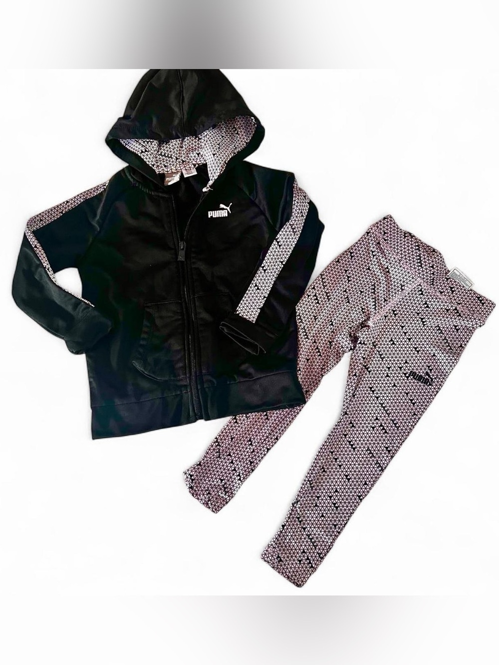 Puma girls geometric Black and pink Jacket and legging tracksuit set Sz 4T - Picture 1 of 4